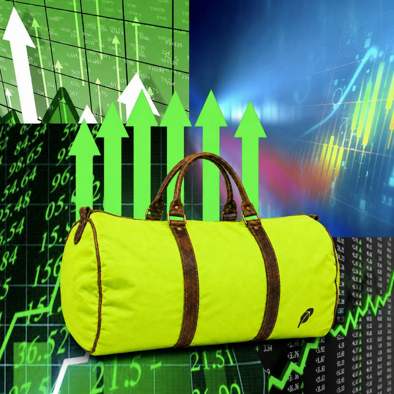 A packed lime duffle bag in front of green arrows and rising market charts