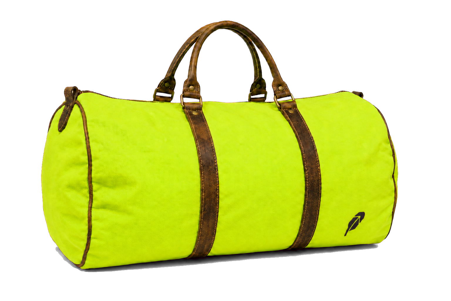 A packed lime-green duffle bag with worn brown leather straps and an embroidered black feather mark
